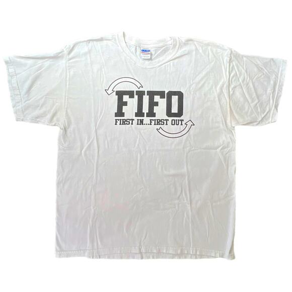 Gildan FIFO First In First Out Short Sleeve Crew Neck Tee Shirt XL White Black - Picture 1 of 10